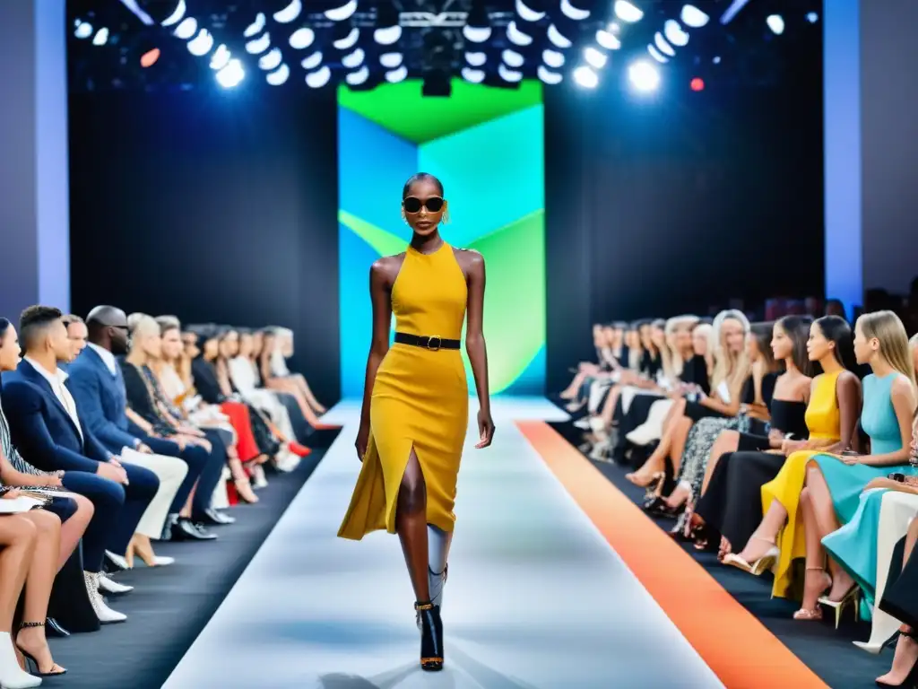 Desfile de moda vibrante con modelos y público elegante, reflejando el registro de marcas en tendencias de moda