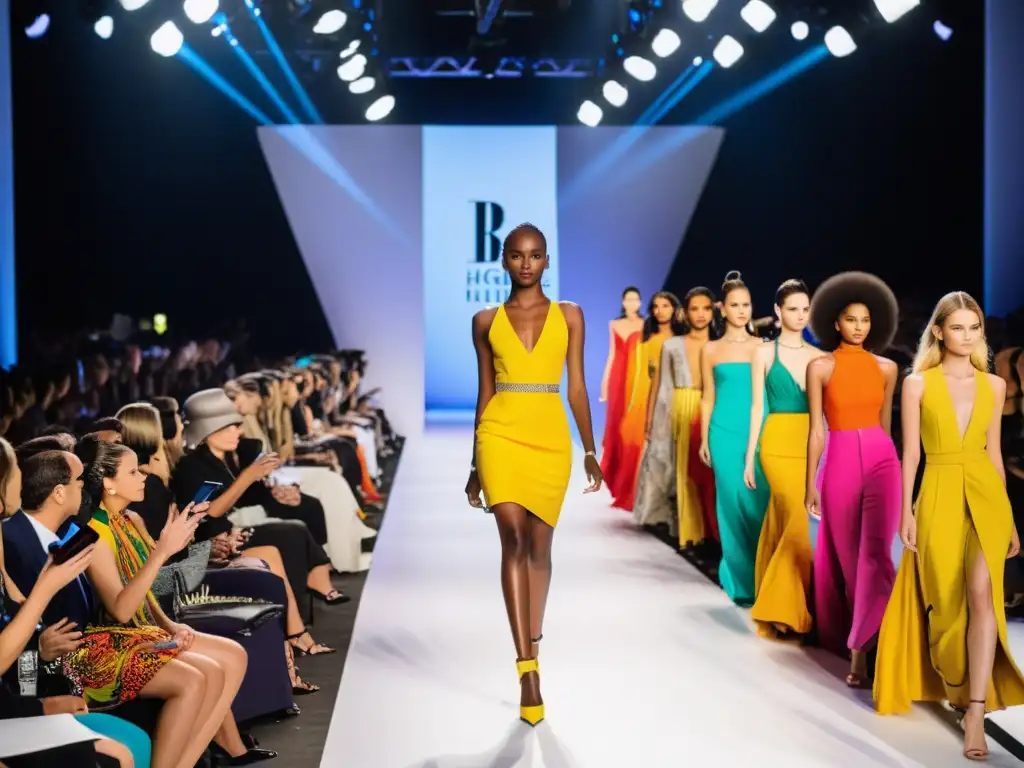 Un desfile de moda vibrante y vanguardista con modelos luciendo diseños innovadores de diseñadores internacionales