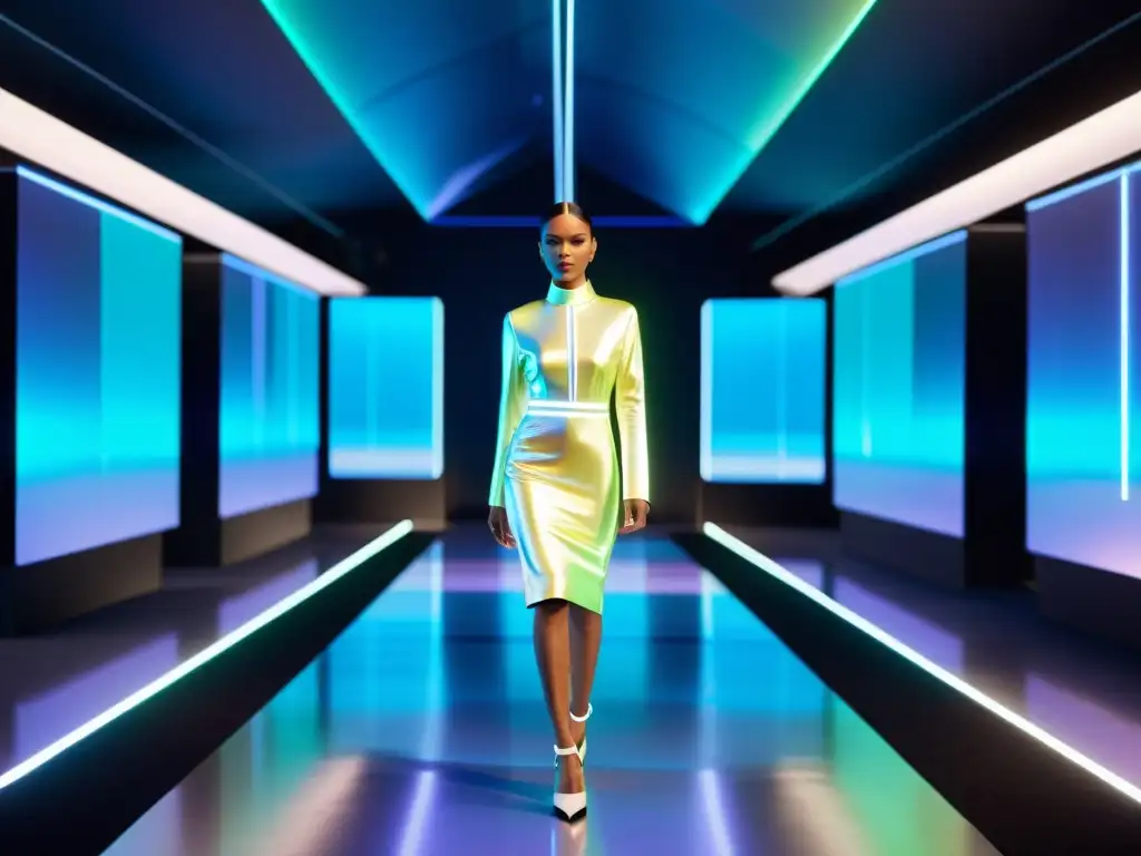 Desfile de moda virtual futurista con modelos holográficos y espectadores virtuales