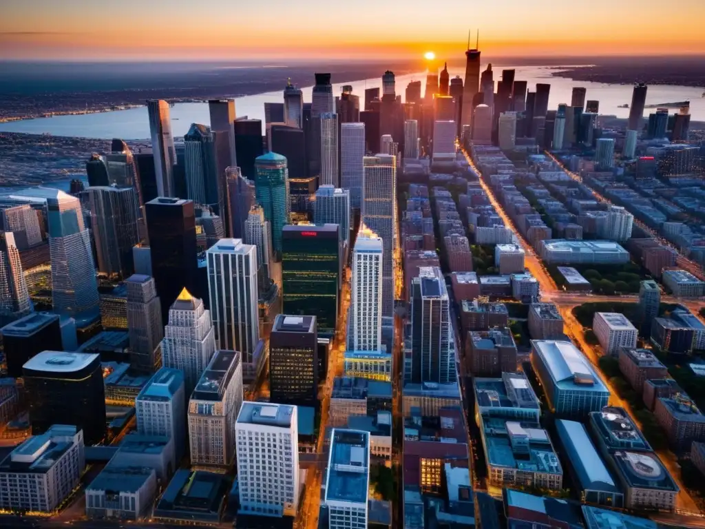 Una deslumbrante fotografía aérea de una ciudad vibrante al atardecer, con la cálida luz dorada iluminando el paisaje urbano