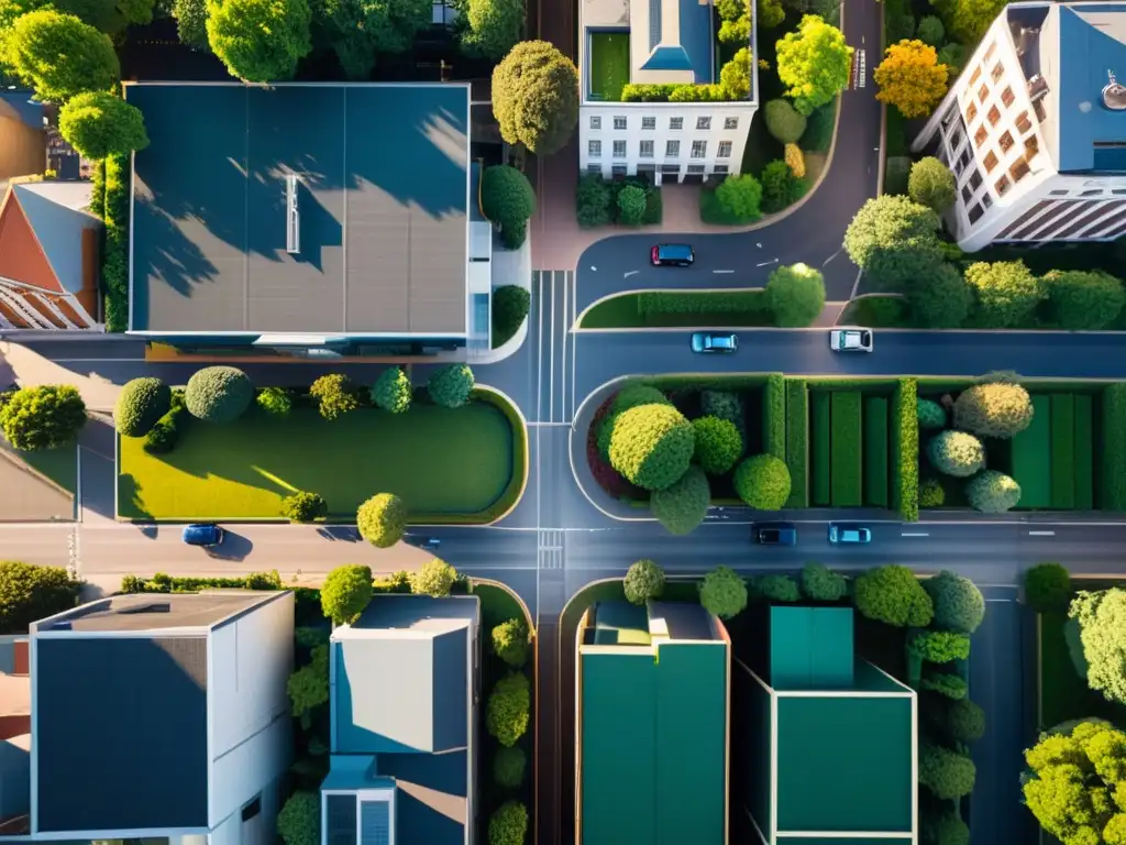 Una deslumbrante fotografía aérea de un paisaje urbano, mostrando la intrincada red de edificios, calles y espacios verdes desde arriba