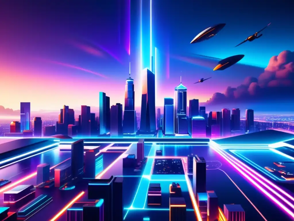 Deslumbrante ciudad futurista en 8k, con hologramas y tráfico aéreo