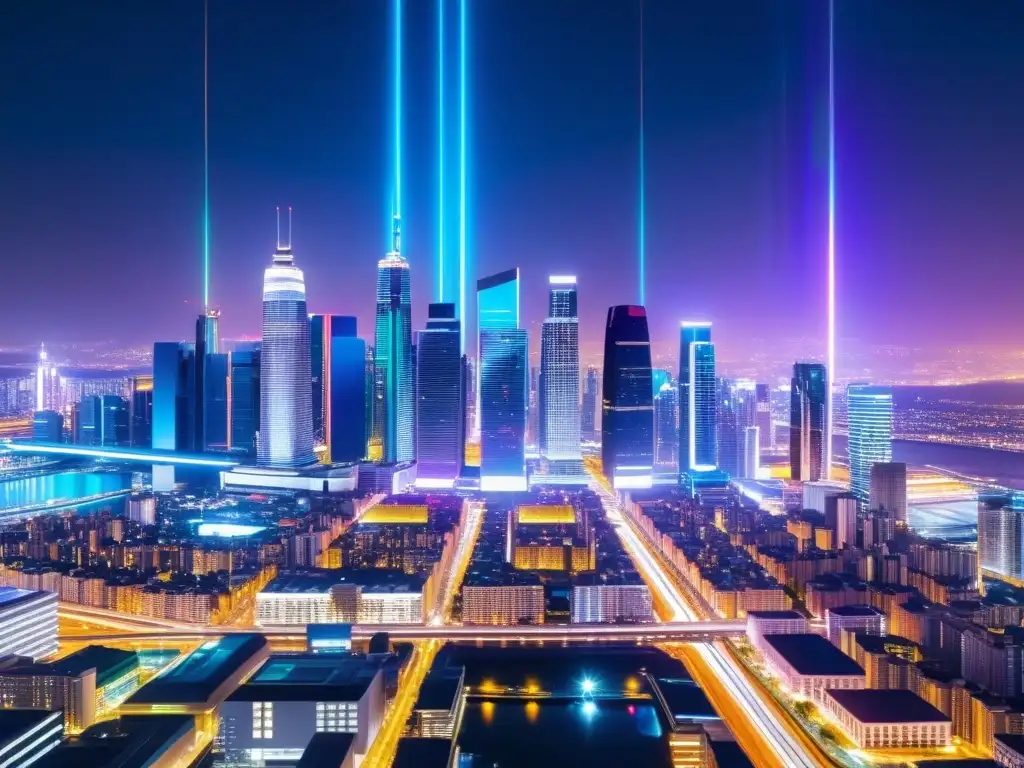 Deslumbrante ciudad futurista de noche con datos holográficos entre rascacielos, representando desafíos legales propiedad intelectual big data