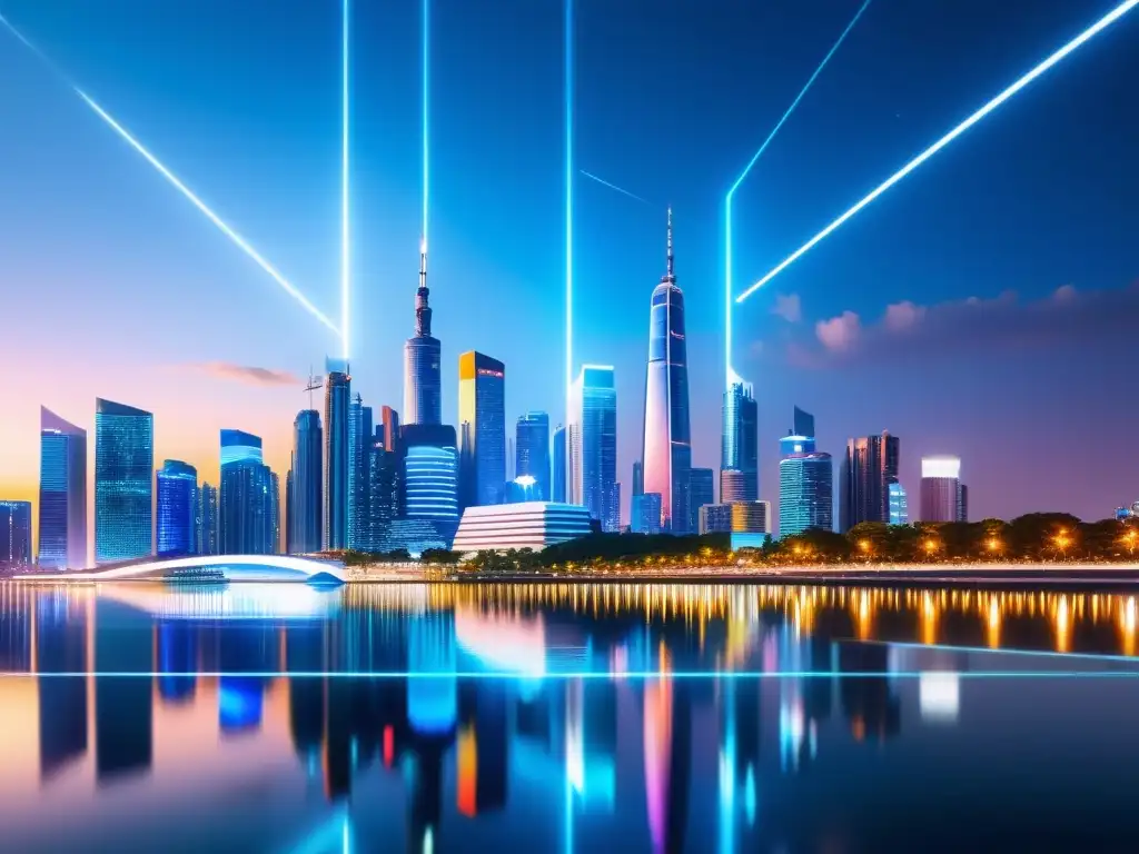Deslumbrante ciudad futurista nocturna con rascacielos iluminados y anuncios holográficos
