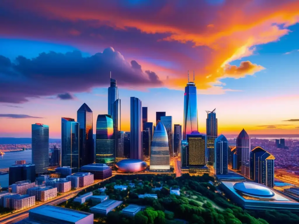 Deslumbrante ciudad futurista con rascacielos y atardecer colorido