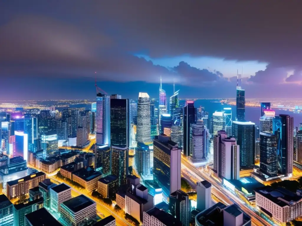 Una deslumbrante ciudad nocturna con rascacielos iluminados por luces de neón, evocando innovación y globalidad