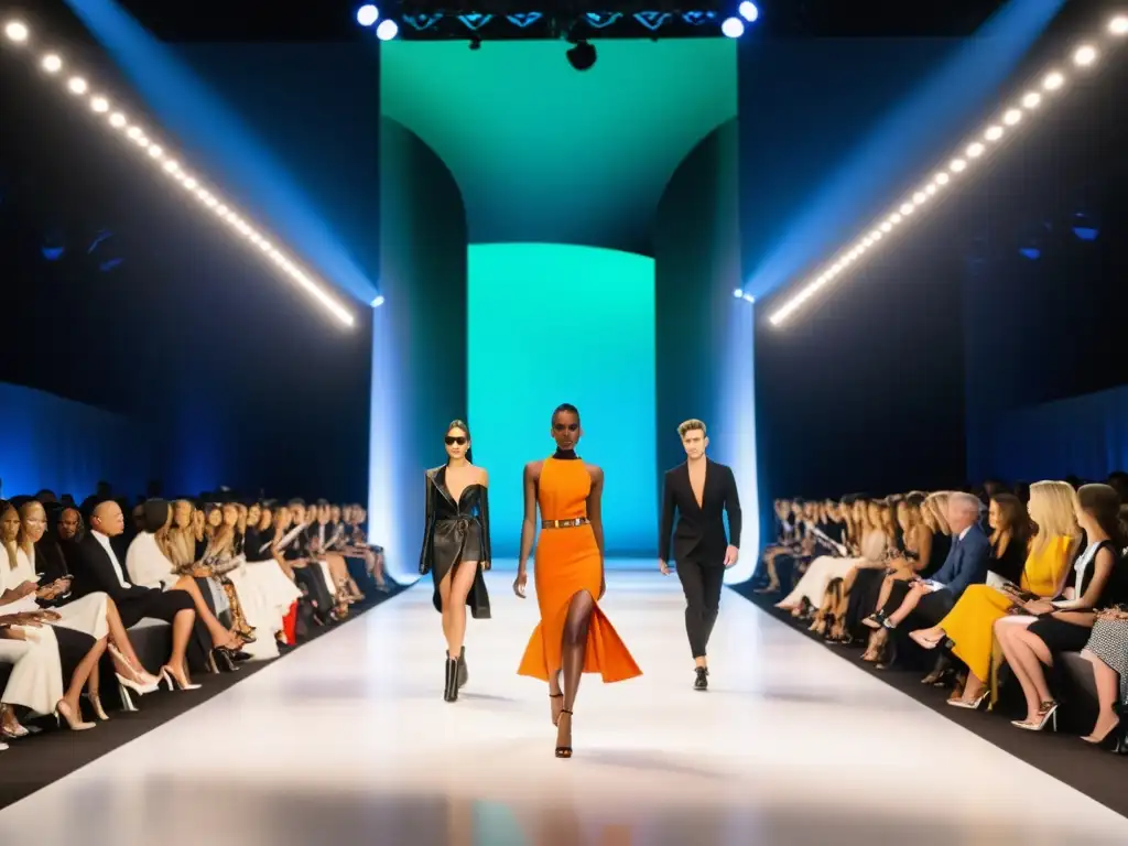 Pasarela de moda internacional: desfile de alta costura Un deslumbrante desfile de moda internacional con modelos luciendo marcas icónicas, proyectando confianza y elegancia