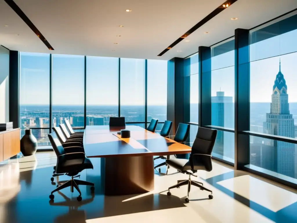 Un despacho de abogados moderno y elegante con grandes ventanales, muebles minimalistas y un equipo de abogados inmersos en una discusión profesional y acalorada alrededor de una mesa de conferencias