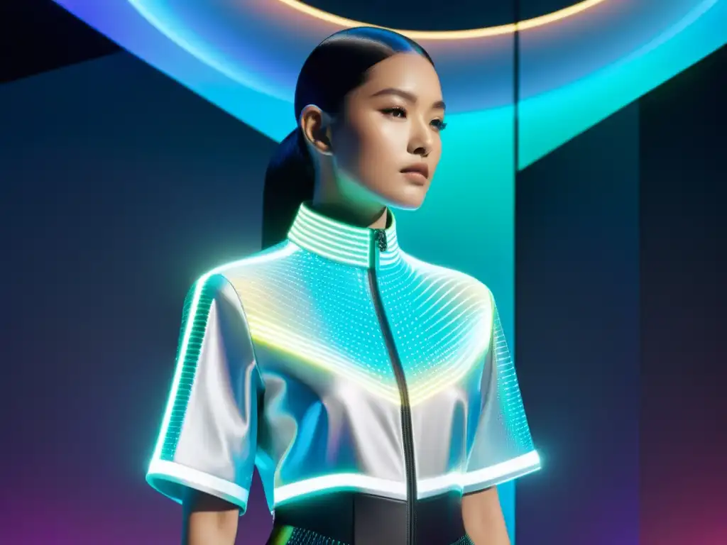 Un despliegue holográfico futurista muestra diseños de moda virtuales con detalles intrincados y colores vibrantes, en un ambiente minimalista