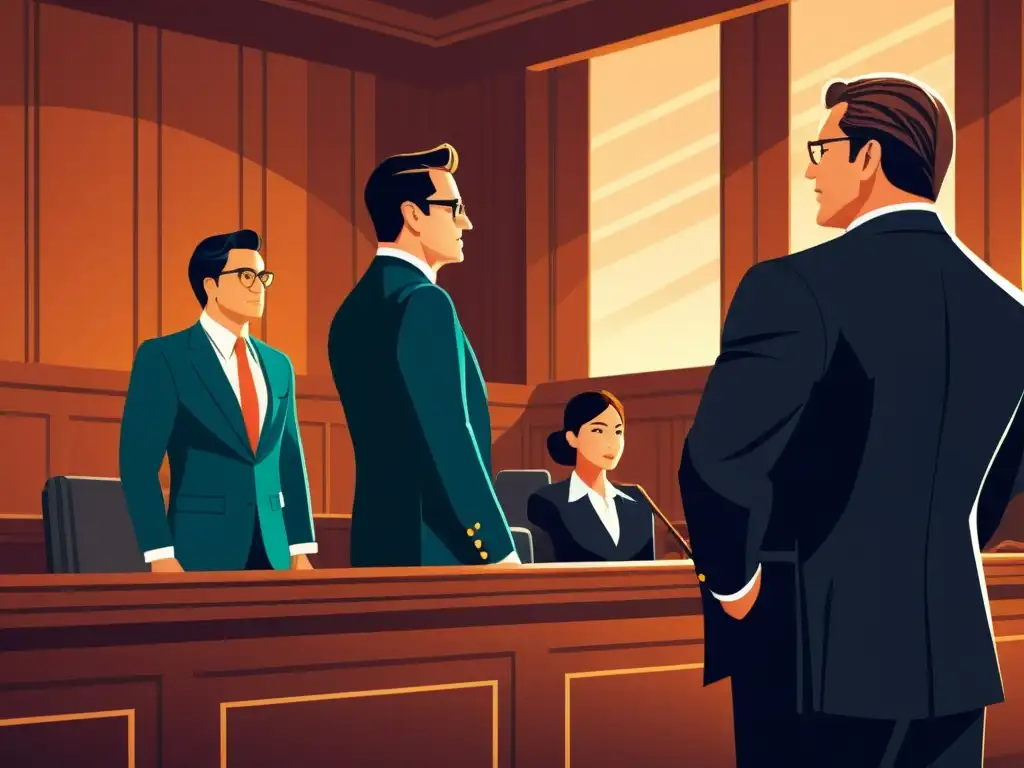 Ilustración detallada de abogados defendiendo apasionadamente a un personaje ficticio en una batalla legal