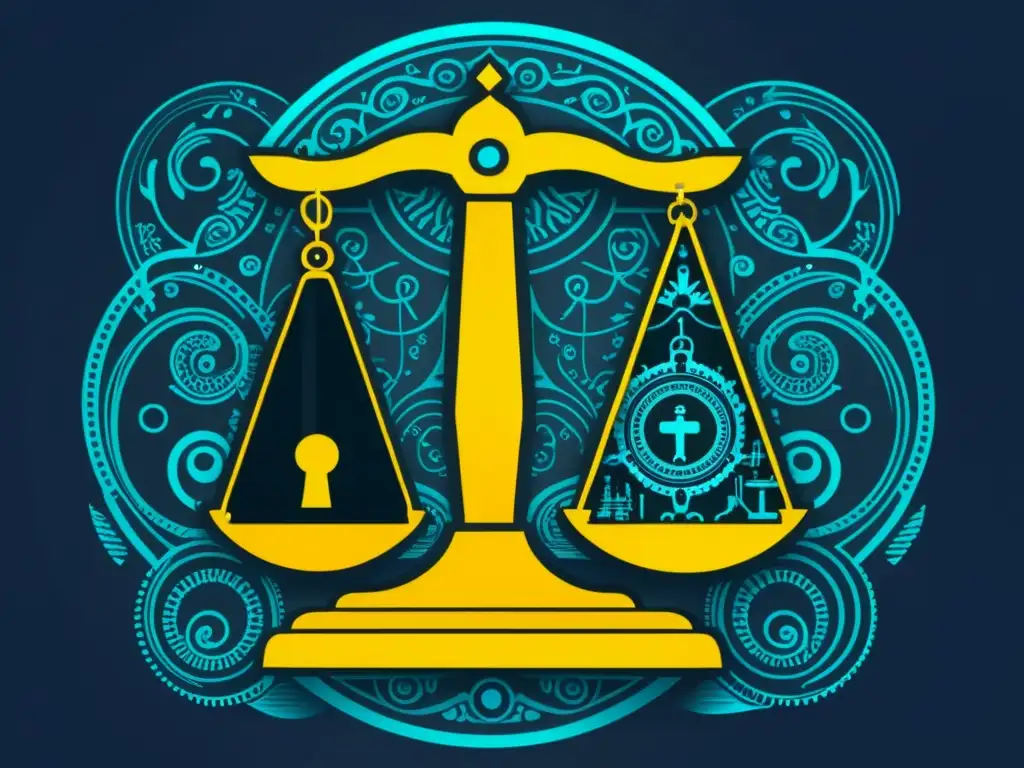Detallada ilustración de una balanza con candado y llave, simbolizando el equilibrio entre protección de datos y propiedad intelectual