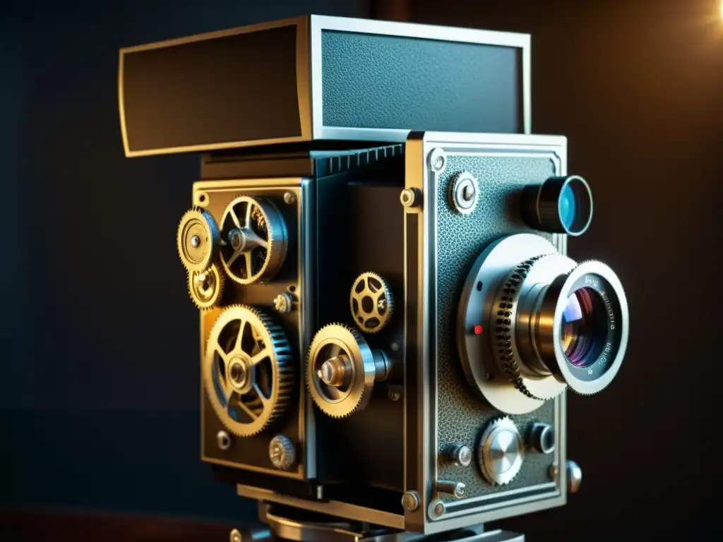 Detallada toma de una cámara de película vintage con luces dramáticas y texturas metálicas, evocando nostalgia y encanto cinematográfico