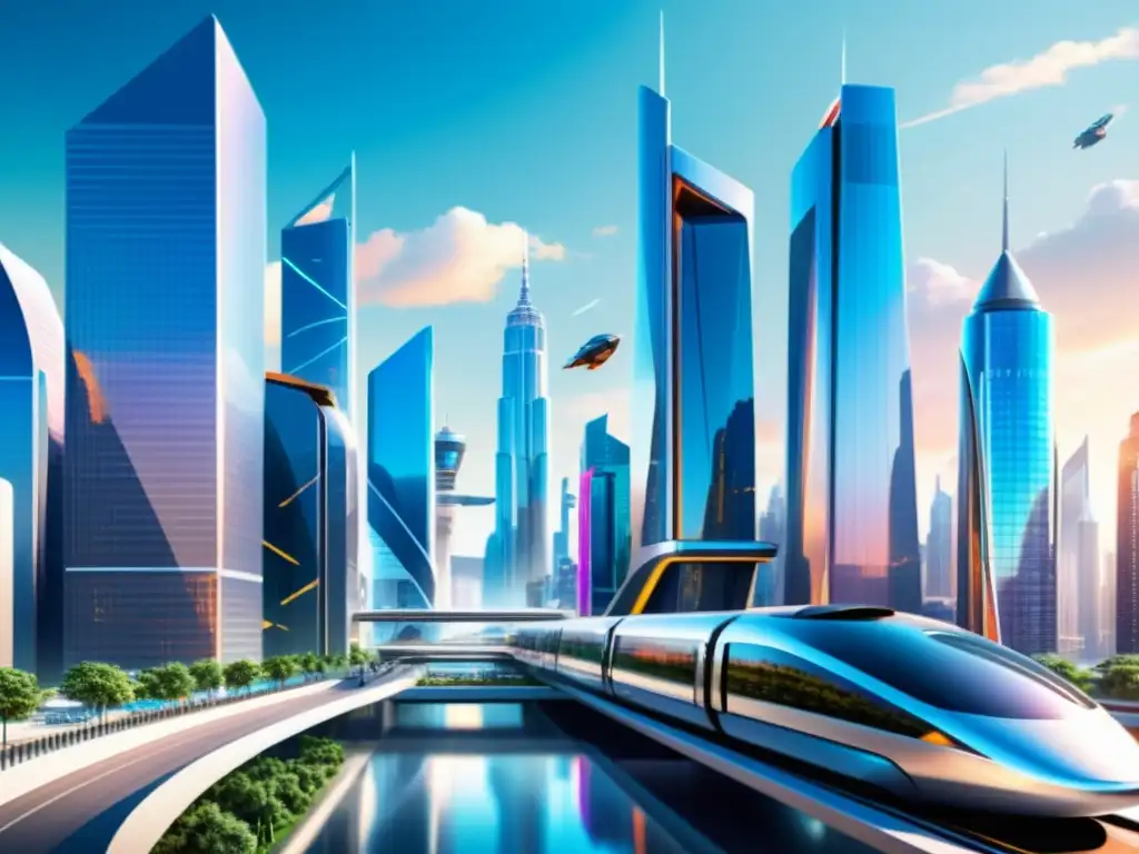 La ilustración detallada muestra una ciudad futurista con rascacielos de vidrio y acero, exudando progreso y gestión de riesgos propiedad intelectual