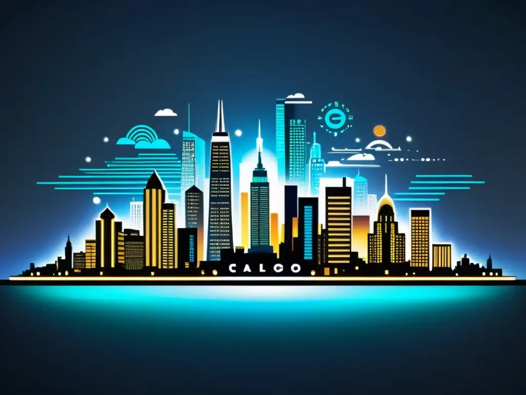 Detallada ilustración digital de una ciudad con logotipos de marcas integrados en arquitectura