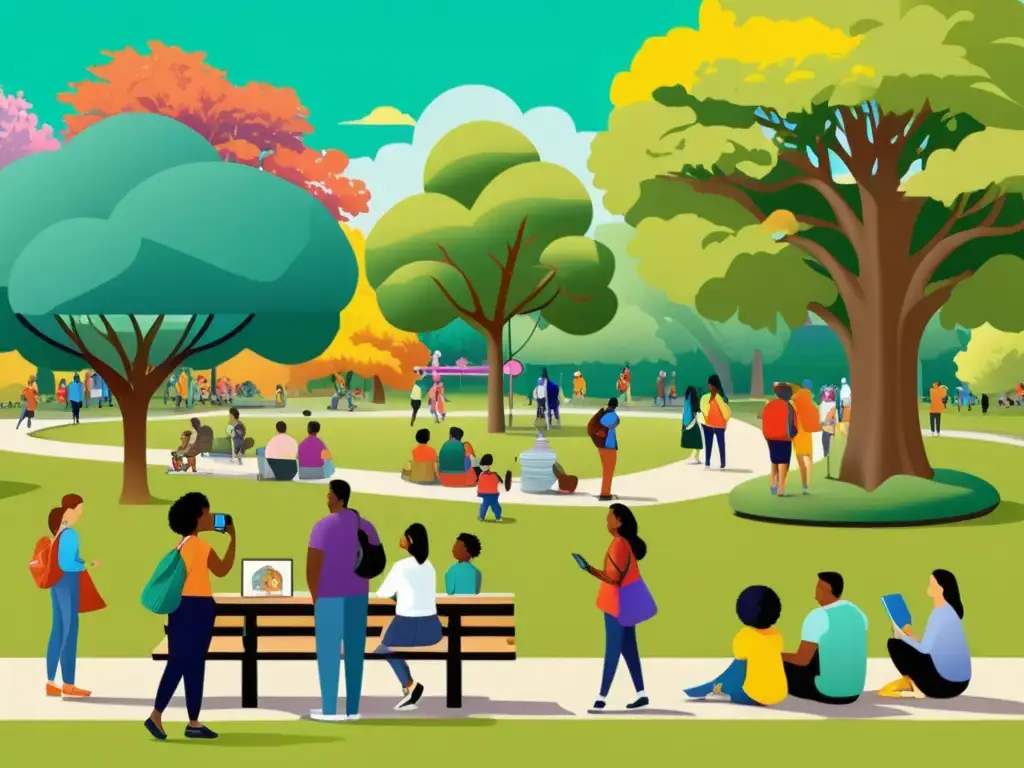 Una detallada ilustración digital de personas disfrutando de un parque público con obras de arte en dominio público, reflejando inclusión y diversidad