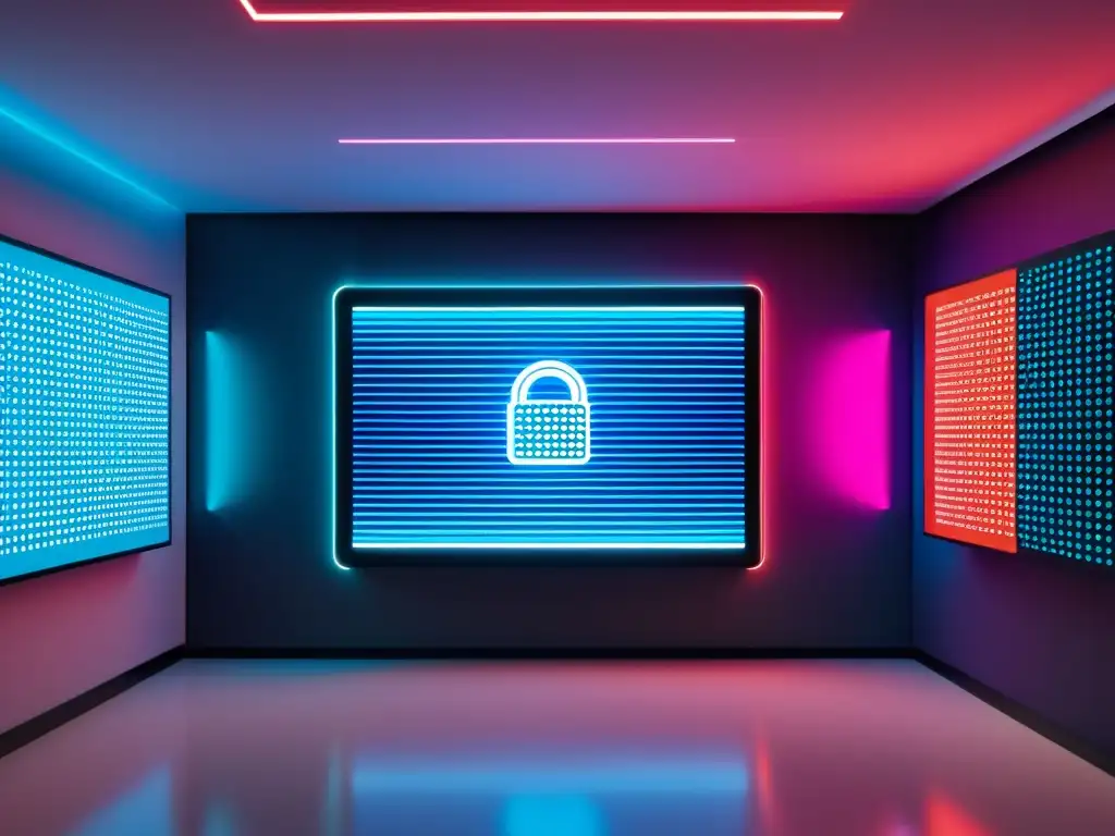 Detallada ilustración digital de un sistema de seguridad futurista protegiendo obras de arte digitales con códigos de encriptación y barreras virtuales, en un espacio minimalista