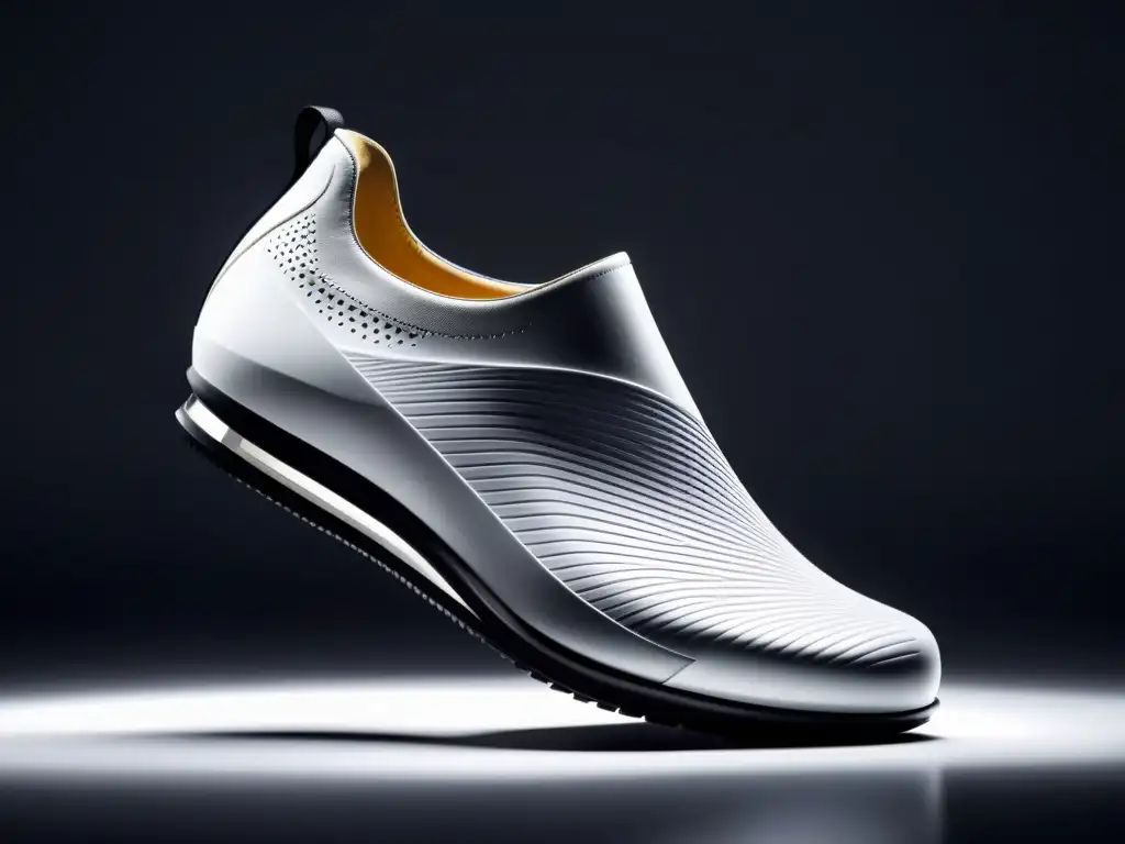 'Fotografía detallada de un diseño futurista de calzado, resaltando patrones de costura únicos y materiales innovadores