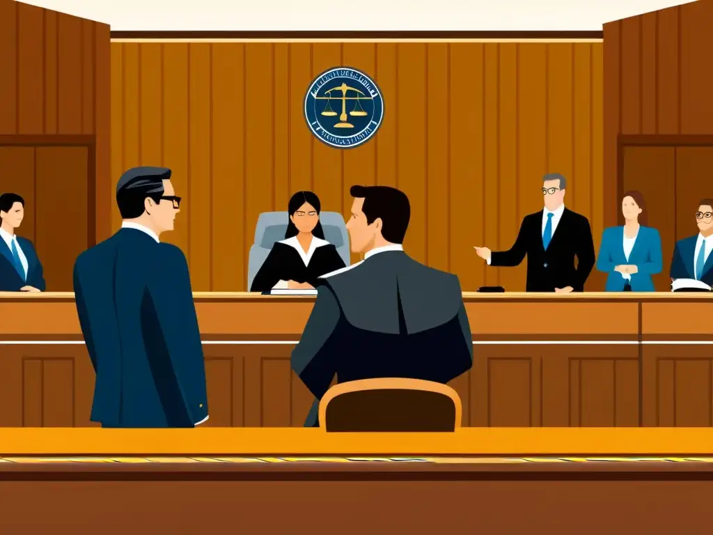 Ilustración detallada de una escena de la sala de audiencias con un juez, abogados y acusado en un caso de infracción de marca registrada