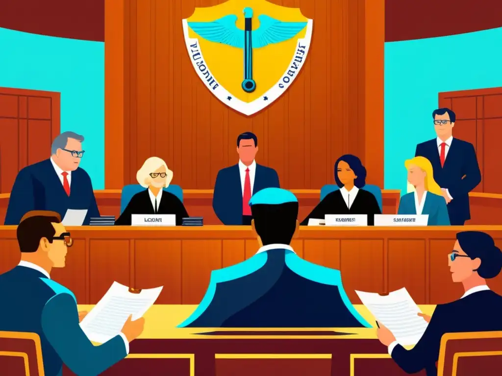 Ilustración detallada de escena de tribunal con abogados y jueces debatiendo la protección de caricaturas bajo la ley de derechos de autor