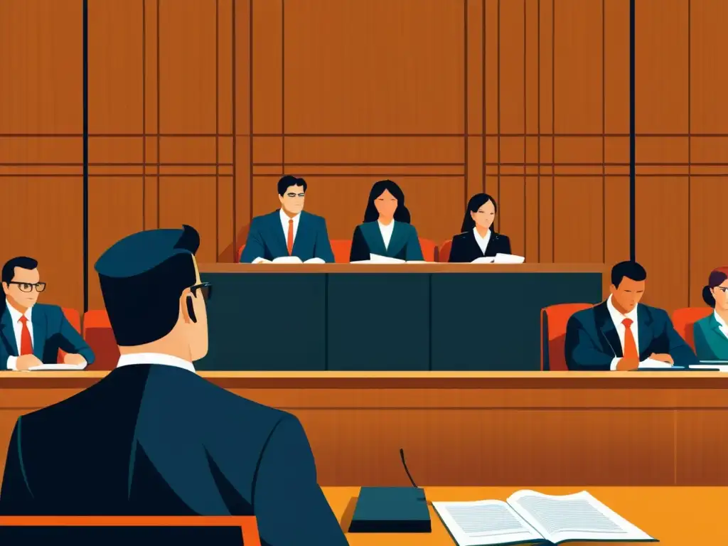 Ilustración detallada de escena de tribunal con abogados representando empresas, juez presidiendo, escala de justicia de fondo