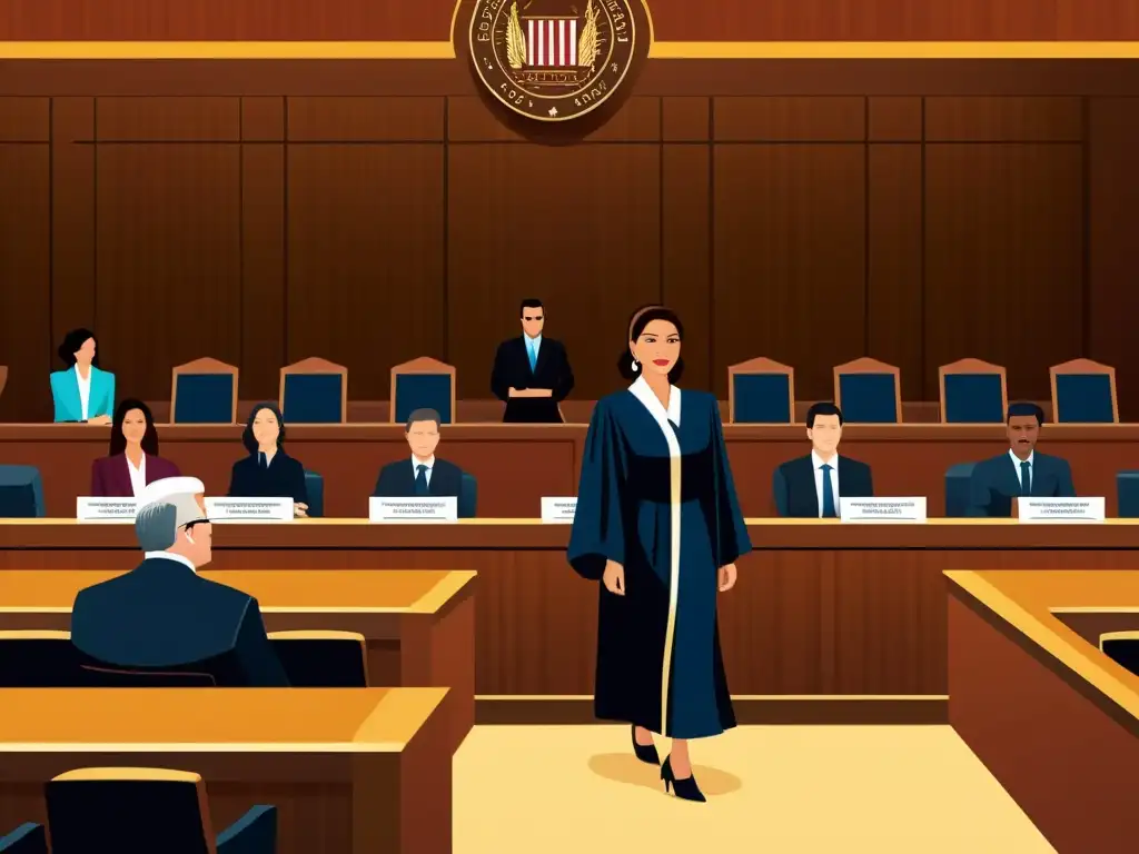 Ilustración detallada de una escena de tribunal con elementos relacionados con la moda