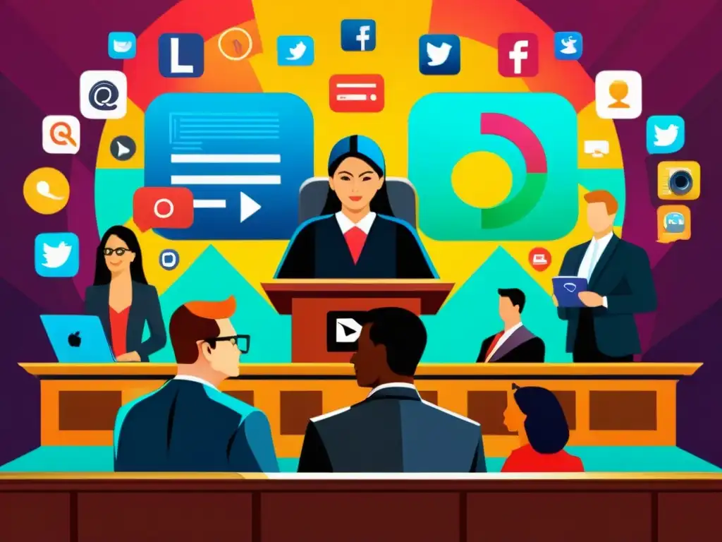 Ilustración detallada de una escena de tribunal con toque moderno, jueces, abogados, acusado y símbolos de redes sociales