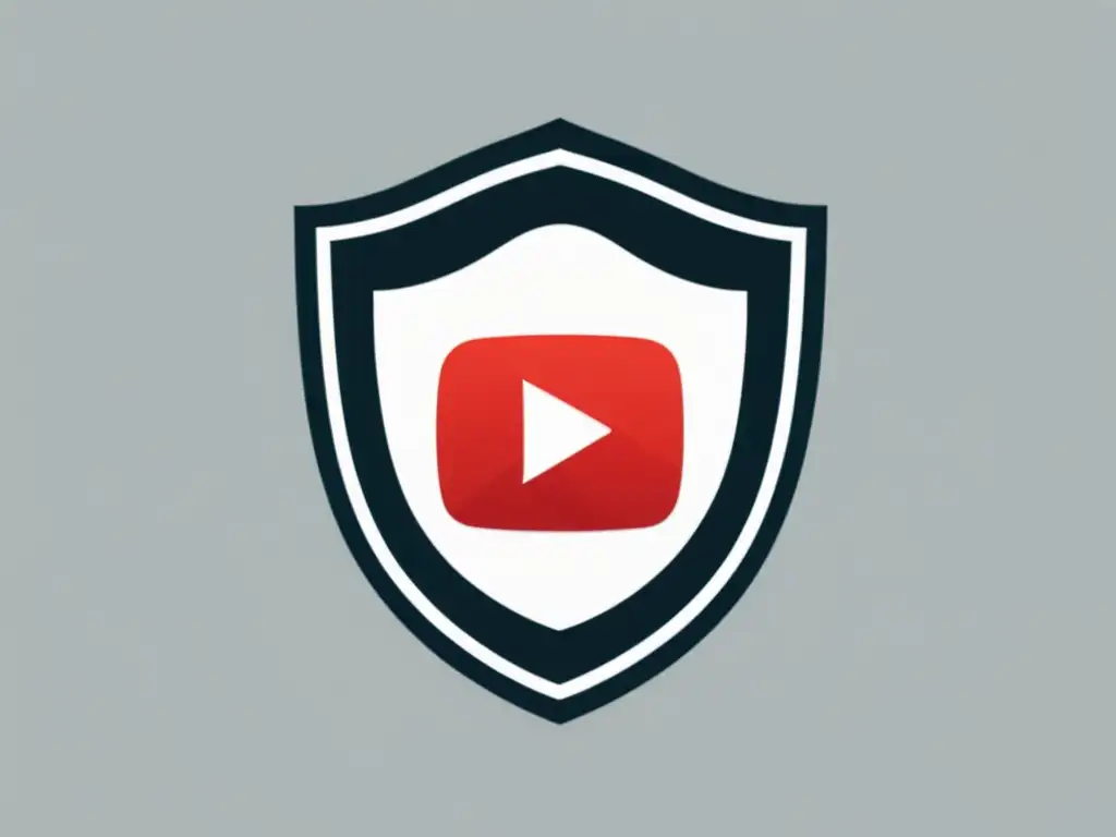 Detallada ilustración de un escudo legal con el logo de reproducción de YouTube en el centro, rodeado de documentos legales y barreras protectoras, transmitiendo protección legal para creadores de contenido en YouTube