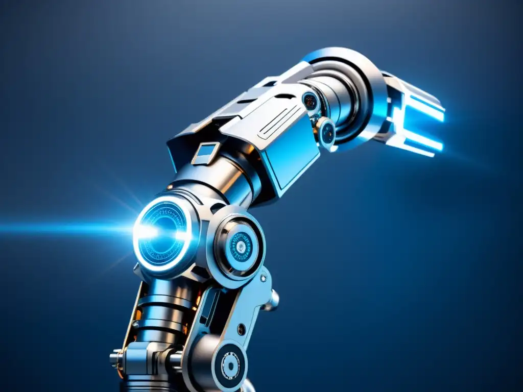 Detallada imagen de un brazo robótico futurista con componentes metálicos e iluminación azul, transmitiendo innovación y tecnología punta en robótica