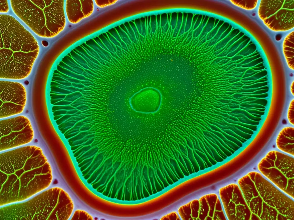 Detallada imagen de una célula vegetal genéticamente modificada bajo microscopio, resaltando la complejidad genética