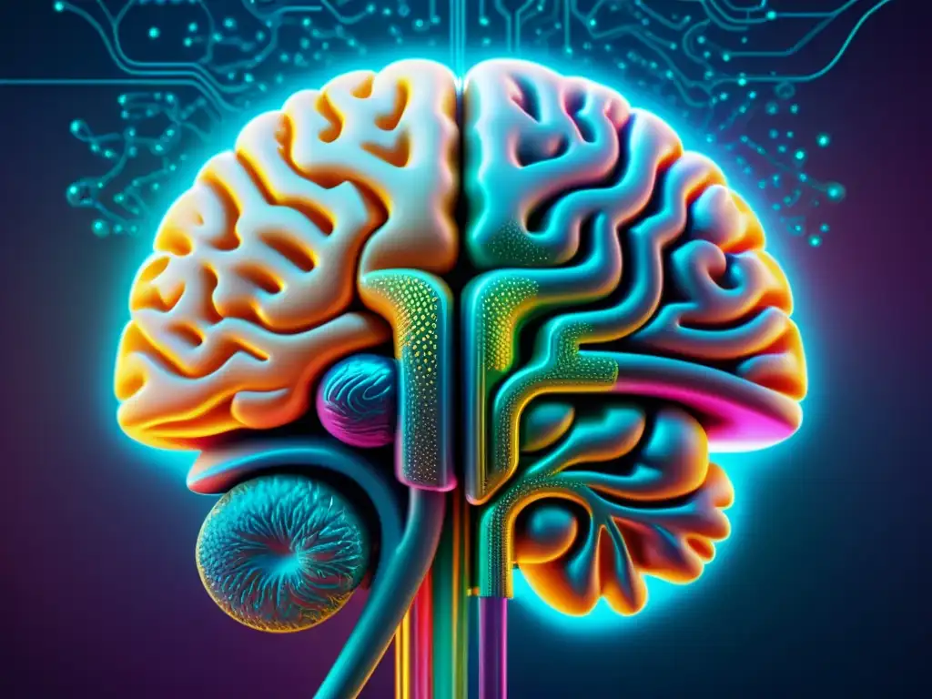 Detallada imagen de un cerebro humano con patrones de circuitos, fusionando la inteligencia artificial y la mente humana