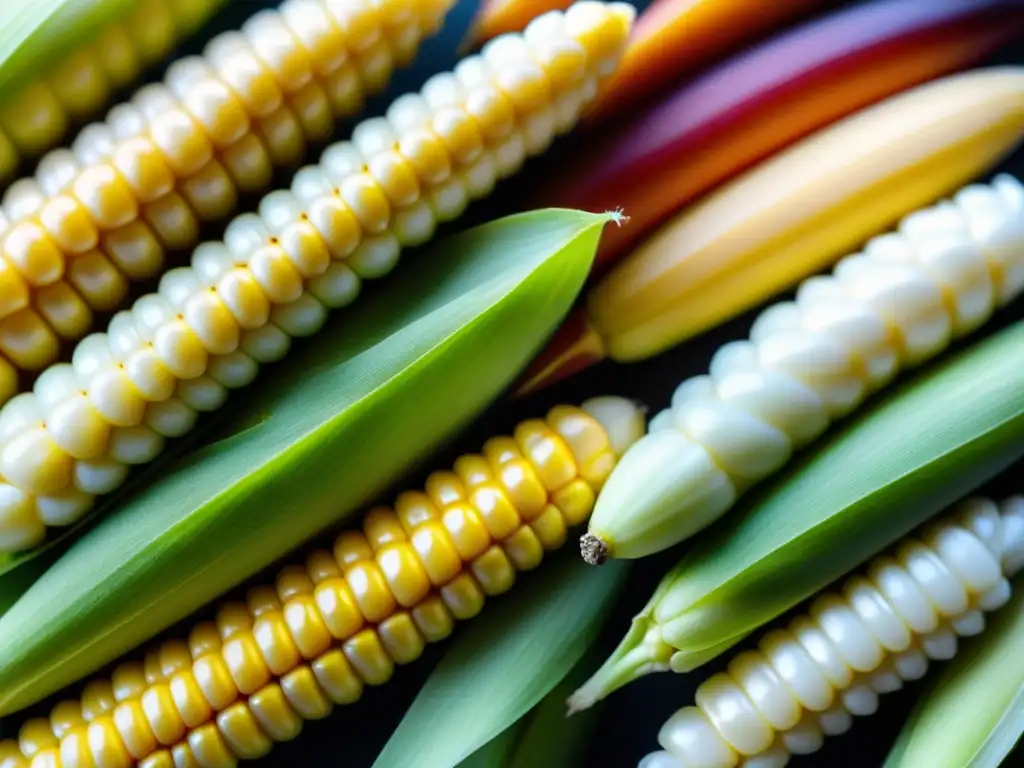 Detallada imagen de granos de maíz genéticamente modificado, con patrones intrincados y colores vibrantes