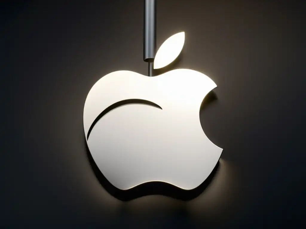 Detallada imagen del icónico logo de Apple en plata sobre fondo negro, resaltando su estética moderna y minimalista