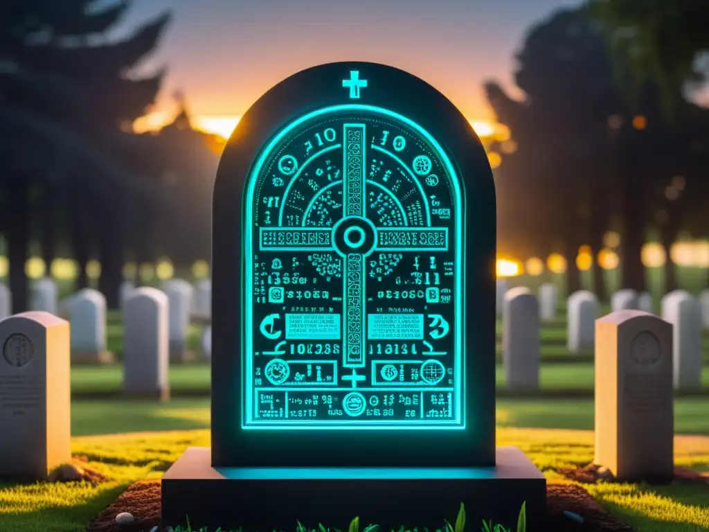 Detallada imagen de una lápida digital con grabados de código binario y símbolos tecnológicos, en un cementerio sereno