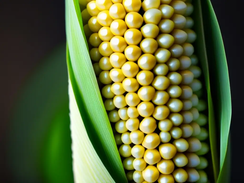 Detallada imagen de una mazorca de maíz GMO resaltando sus patrones y colores vibrantes, evocando la propiedad intelectual en alimentos GMO