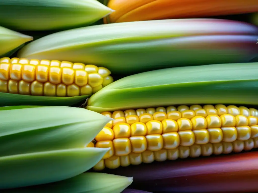 Detallada imagen de una mazorca de maíz transgénico, con patrones y colores vibrantes
