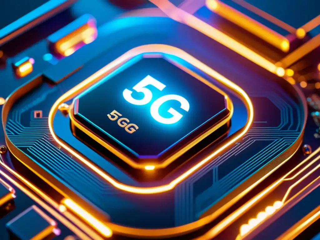 Detallada imagen de un microchip 5G, con circuitos intrincados y diseño futurista