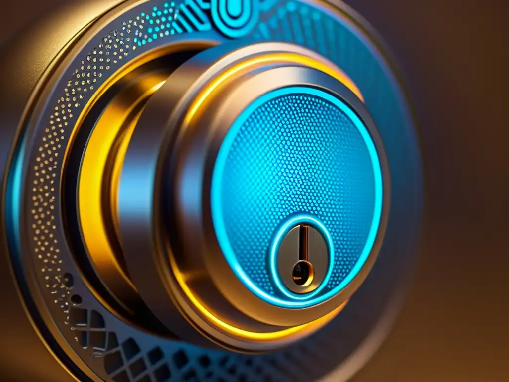 Detallada imagen de un moderno candado digital con patrones y símbolos, iluminado por una suave luz futurista