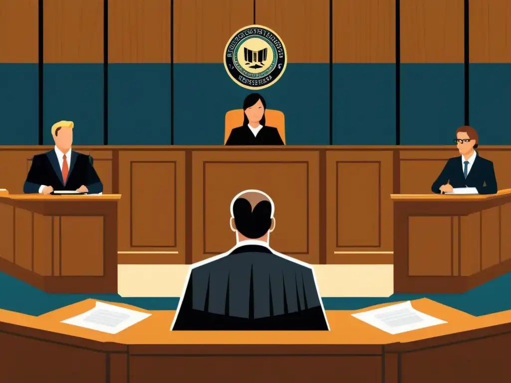 Ilustración detallada de un juicio por infracción de derechos de autor en tutoriales de copia, con abogados, juez y seriedad legal