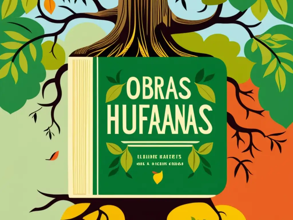 Ilustración detallada de un libro vintage abrazado por las raíces de un gran árbol, rodeado de personajes literarios diversos, creando una representación visual inmersiva de la interconexión de la literatura