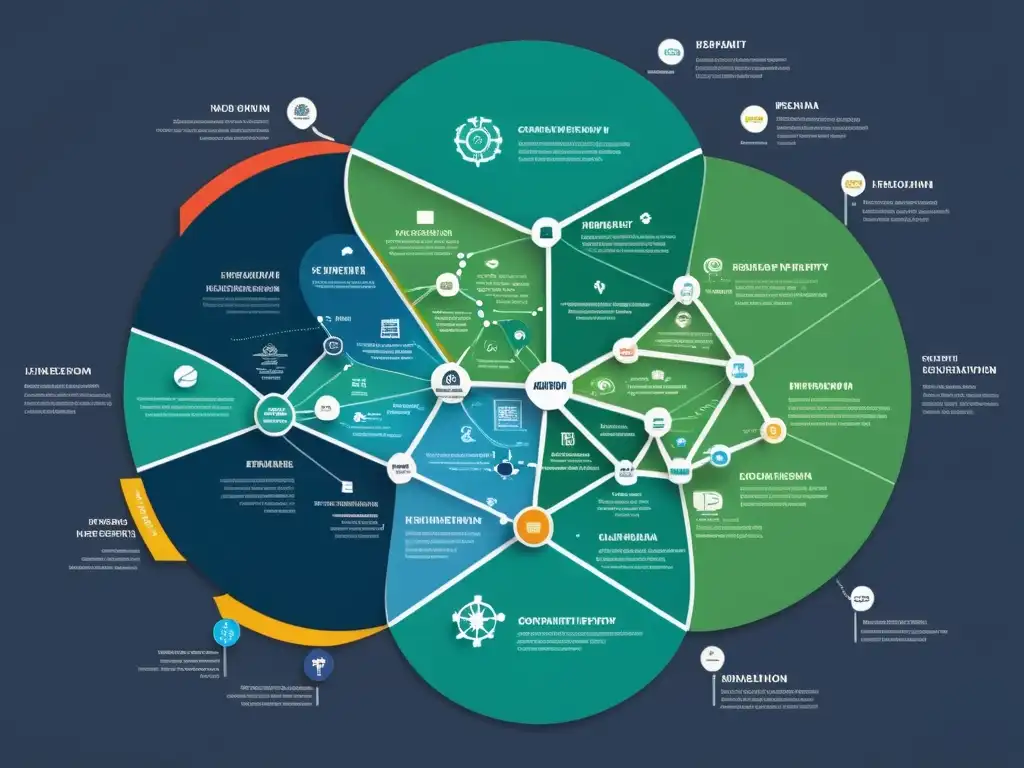 Ilustración detallada de un mapa con nodos interconectados representando la propiedad intelectual e integración económica regional