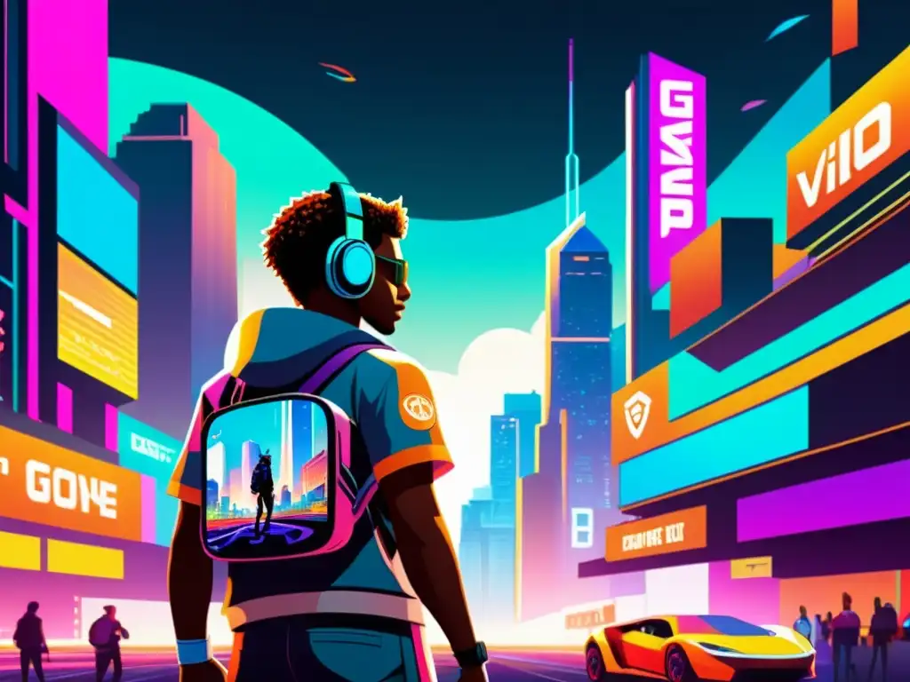 Ilustración detallada de un personaje de videojuego en una ciudad futurista, destacando marcas registradas