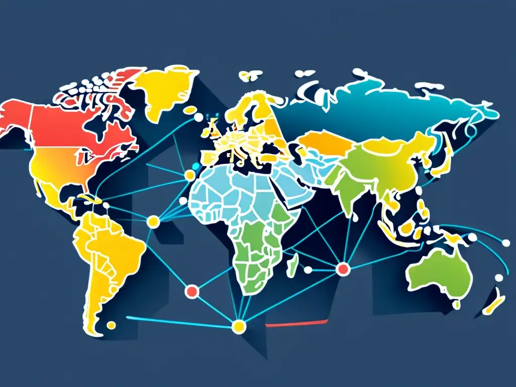Redes Globales de Comercio: Impacto y Controversias Detallada ilustración de red de comercio global, con líneas y nodos interconectados representando rutas comerciales internacionales, en colores vibrantes que visualizan el impacto de las políticas antimonopolio y la propiedad intelectual