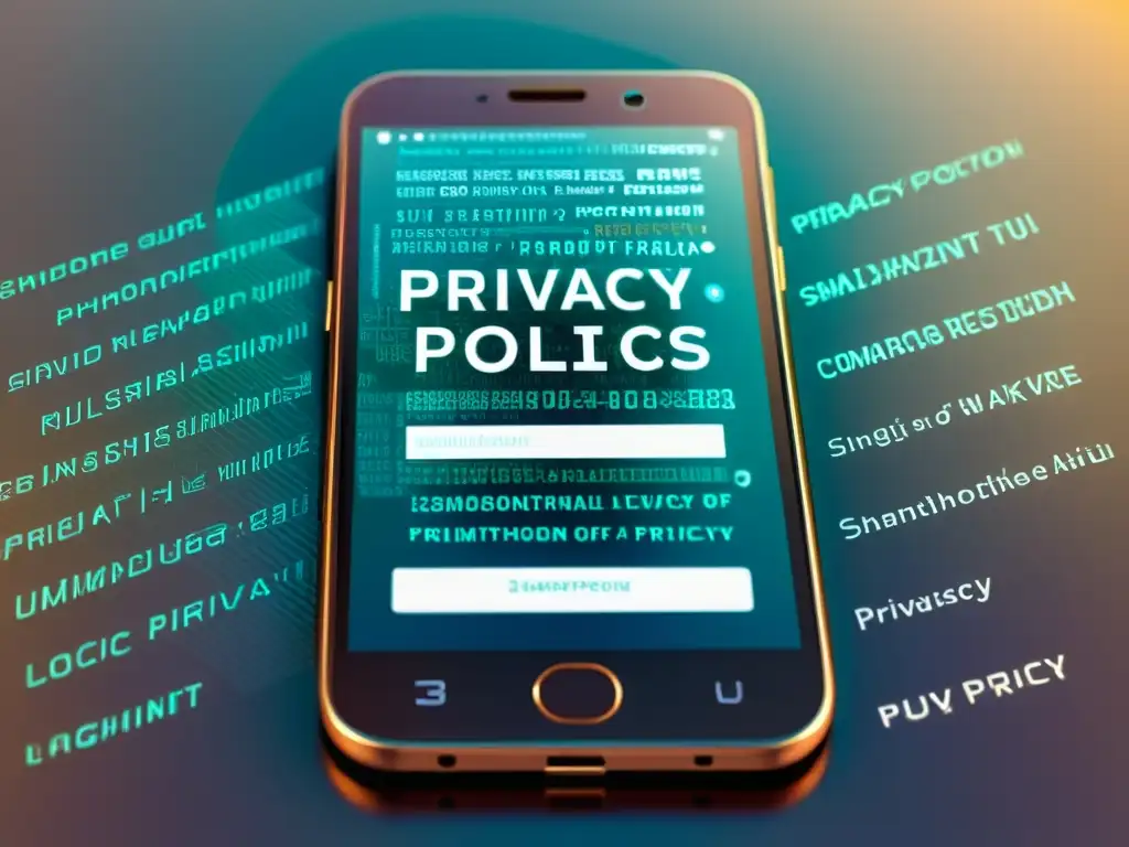 Detallada ilustración de un smartphone moderno con superposición transparente de políticas de privacidad y texto legal, simbolizando la complejidad de la regulación de privacidad en sitios web y aplicaciones