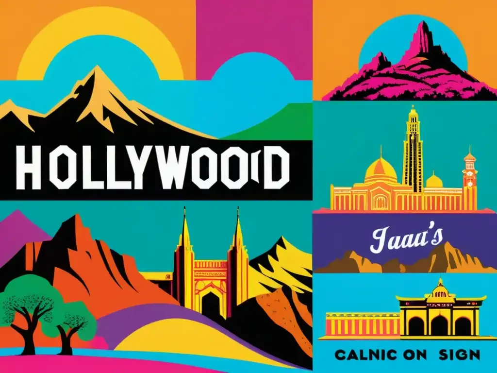 Ilustración detallada y vibrante dividida en dos mitades, una muestra íconos de Hollywood y la otra la dinámica industria cinematográfica de Bollywood