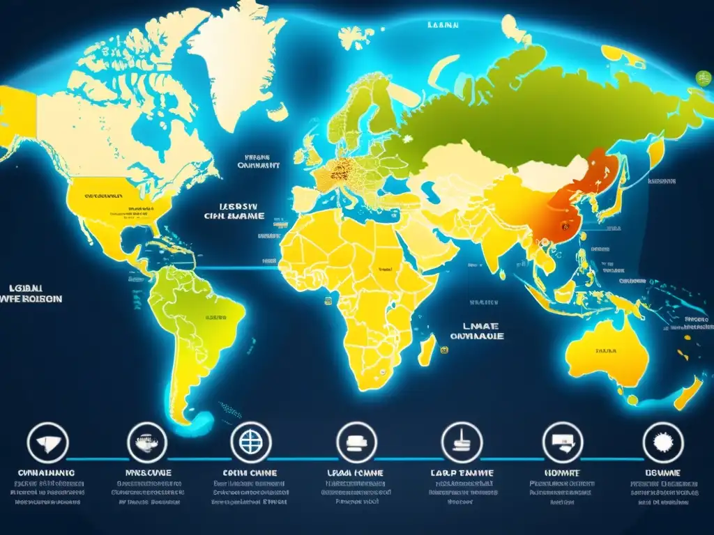 Detallado mapa global con desafíos legales y patentes para combatir el cambio climático