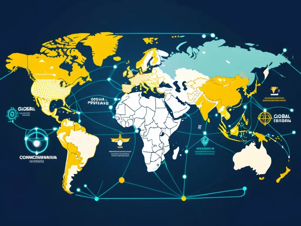 Un detallado mapa mundial digital muestra jurisdicciones conectadas, simbolizando la lucha contra la piratería de propiedad intelectual