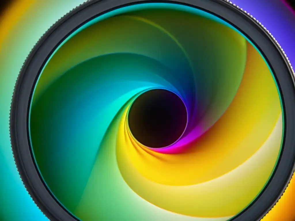 Un detallado primer plano de una lente de cámara capturando una fotografía abstracta vibrante y multicolor