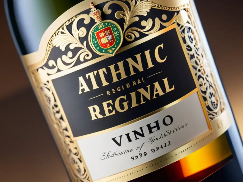 Detallado diseño y relieve de botella de auténtico vino 'Vinho Regional Lisboa' resalta la protección de Denominaciones de Origen Lisboa con elegante caligrafía y detalles intrincados, reflejando la rica historia y tradición de la región