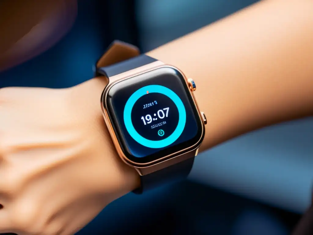 Smartwatch de alta tecnología: detalle de diseño Detalle de accesorio inteligente con énfasis en marcas y protección legal, en un contexto profesional y moderno