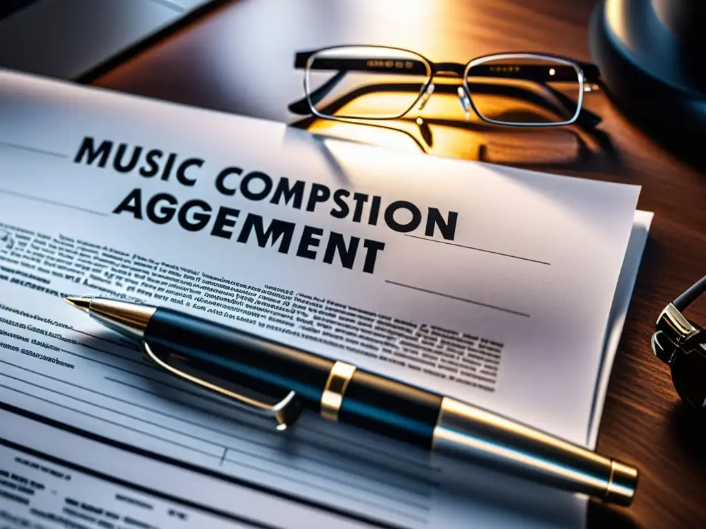 Detalle de un acuerdo de composición musical con términos destacados, en un entorno profesional y moderno